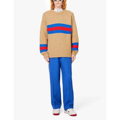 Shop Gucci Men's Camel Red Blue Stripe Crewneck Wool-blend Jumper