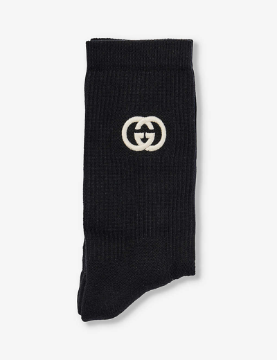 Shop Gucci Women's Black Logo-embroidered Cotton-blend Socks