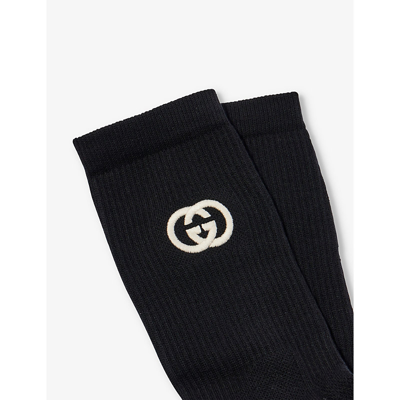 Shop Gucci Women's Black Logo-embroidered Cotton-blend Socks