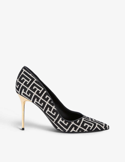 Shop Balmain Blk/white Ruby Monogram-pattern Woven Heeled Courts