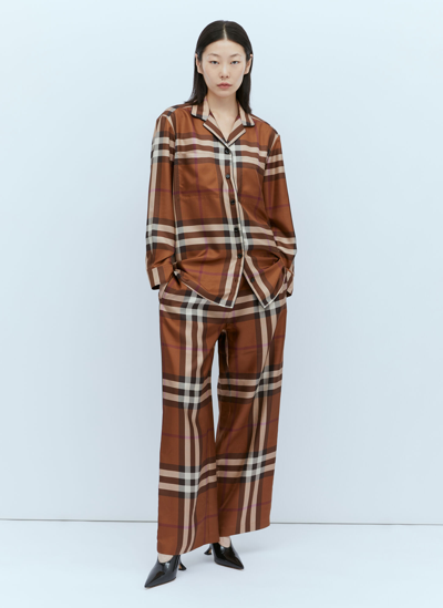 Shop Burberry Check Silk Wide Leg Pants In Brown