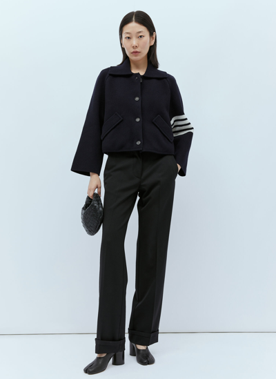 Shop Thom Browne Knit Four Bar Cropped Coat In Blue