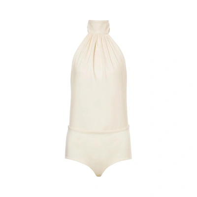 Shop Philosophy Di Lorenzo Serafini Bodysuit In Coated Fabric With Bow In Bianco