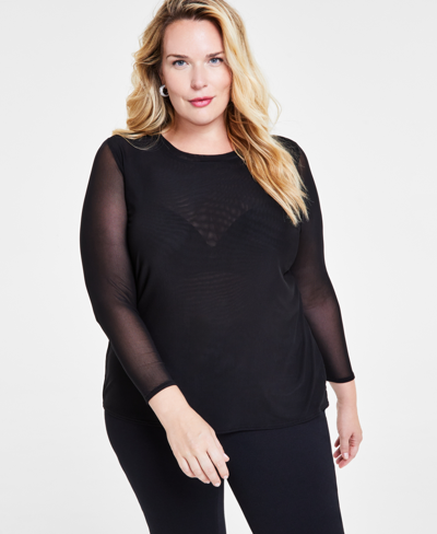 Shop Inc International Concepts Plus Size Long-sleeve Mesh Top, Created For Macy's In Deep Black