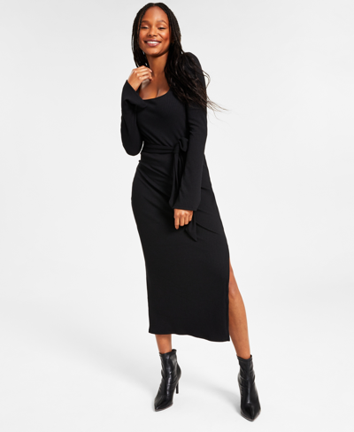 Shop Bar Iii Women's Long-sleeve Square-neck Tie Rib Midi Dress, Created For Macy's In Deep Black