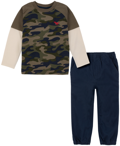 Shop Kids Headquarters Little Boys Twofer Camo-heather Long Sleeve Slub Crew T-shirt And Twill Joggers, 2 Piece Set In Olive Green