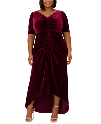 Shop Adrianna Papell Plus Size Velvet V-neck Draped High-low Gown In Burgundy