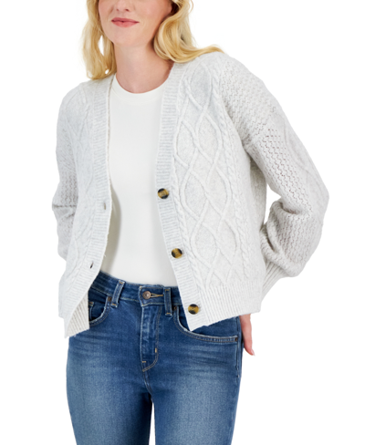 Shop Hippie Rose Juniors' Cable-knit Cardigan Sweater In White Heather Grey