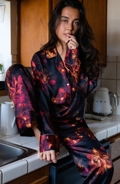 Shop Midnight Bakery Dylan Floral Print Satin Pajamas In Black