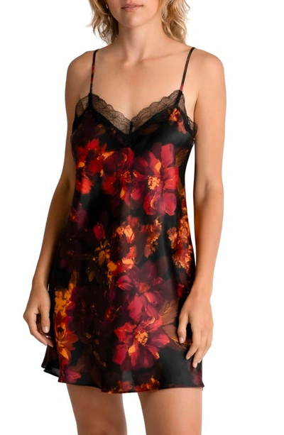 Shop Midnight Bakery Dylan Floral Print Lace Trim Satin Chemise In Black