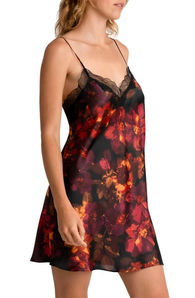 Midnight Bakery Dylan Floral Print Lace Trim Satin Chemise In Black