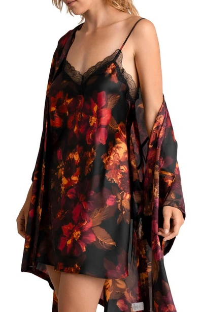 Midnight Bakery Dylan Floral Print Lace Trim Satin Chemise In Black
