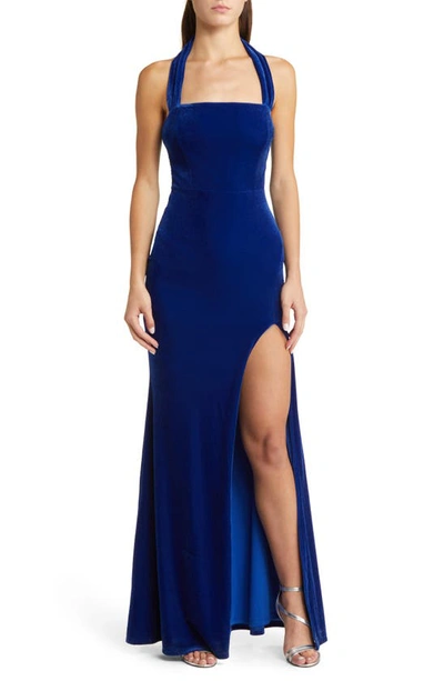 Lulus Enchanting Touch Halter Velvet Gown In Royal Blue