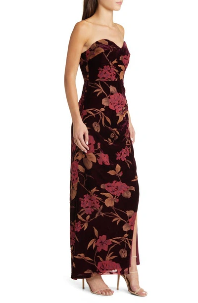 Lulus Exquisite Floral Velvet Burnout Strapless Gown In Plum Purple Floral Print