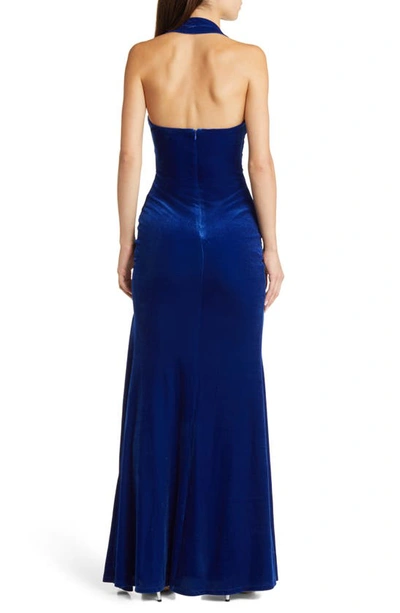 Lulus Enchanting Touch Halter Velvet Gown In Royal Blue