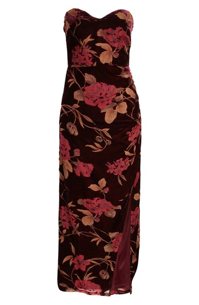 Lulus Exquisite Floral Velvet Burnout Strapless Gown In Plum Purple Floral Print