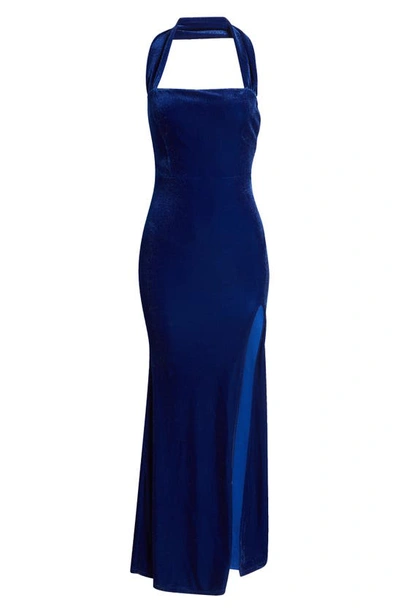 Lulus Enchanting Touch Halter Velvet Gown In Royal Blue