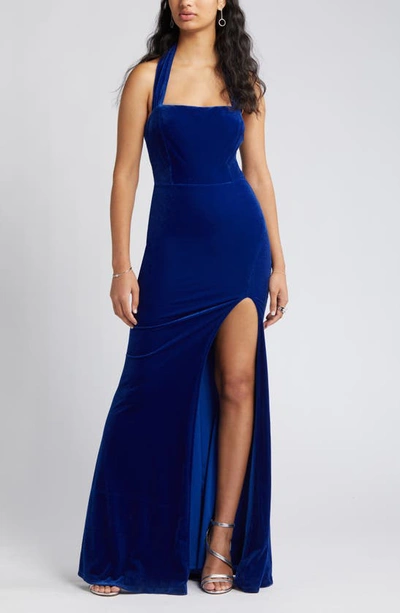 Lulus Enchanting Touch Halter Velvet Gown In Royal Blue