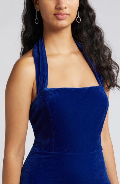 Lulus Enchanting Touch Halter Velvet Gown In Royal Blue