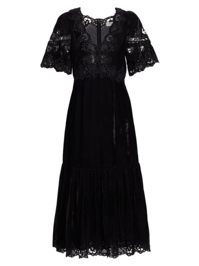 Shop Sea Women's Eliana Embroidered Velvet Midi-dress In Black