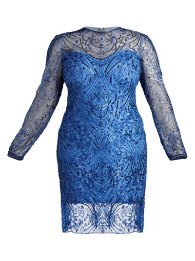 Shop Tadashi Shoji Women's Plus Beaded Lace Long-sleeve Sheath Dress In Night Blue