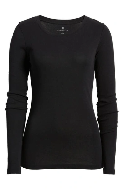 Shop Caslon (r) Scoop Neck Long Sleeve Cotton Knit Top In Black