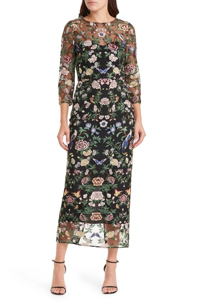 Shop Marchesa Notte Floral Embroidered Sheath Dress In Black Multi