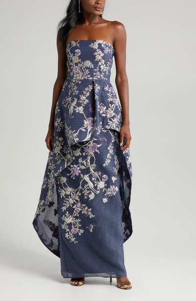 Shop Marchesa Notte Embroidered Floral Strapless Gown In Navy