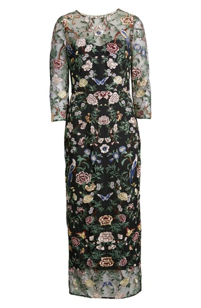 Shop Marchesa Notte Floral Embroidered Sheath Dress In Black Multi