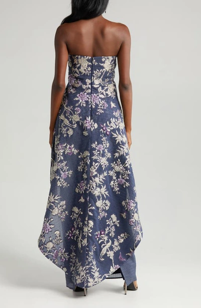 Shop Marchesa Notte Embroidered Floral Strapless Gown In Navy