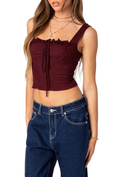 Shop Edikted Aurelia Ruffle Trim Crop Corset Top In Burgundy