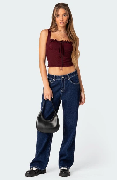 Shop Edikted Aurelia Ruffle Trim Crop Corset Top In Burgundy