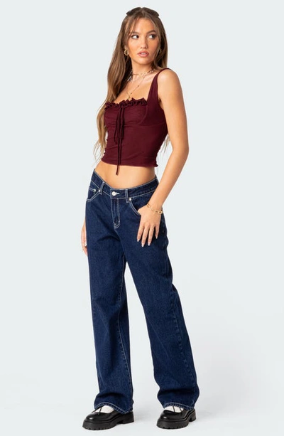 Shop Edikted Aurelia Ruffle Trim Crop Corset Top In Burgundy