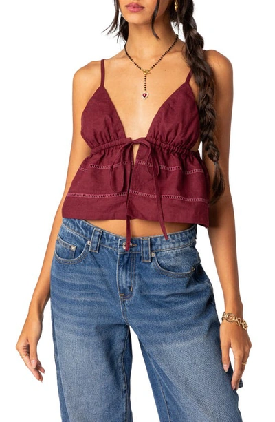 Shop Edikted Candy Tie Front Crop Camisole In Burgundy