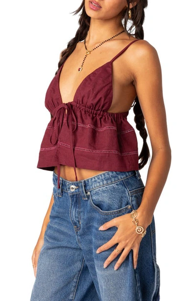 Shop Edikted Candy Tie Front Crop Camisole In Burgundy