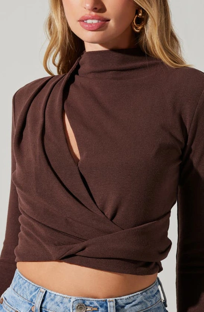 Astr Asymmetric Pleated Cutout Mock Neck Long Sleeve Top In Espresso