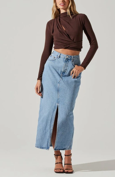Astr Asymmetric Pleated Cutout Mock Neck Long Sleeve Top In Espresso