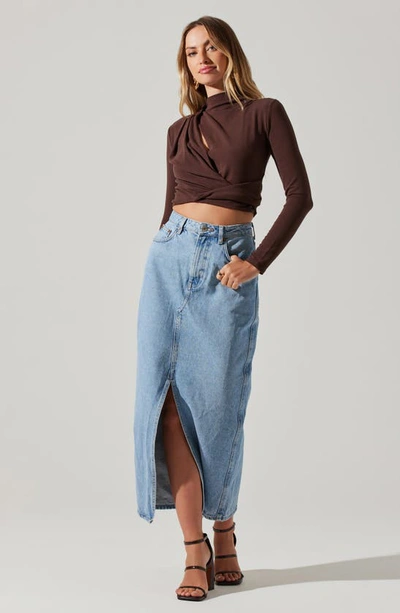 Astr Asymmetric Pleated Cutout Mock Neck Long Sleeve Top In Espresso