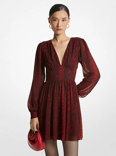 Shop Michael Kors Snake Print Georgette V-neck Dress In Red