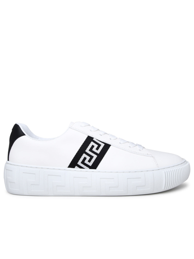 Shop Versace White Leather Greca Sneakers Man