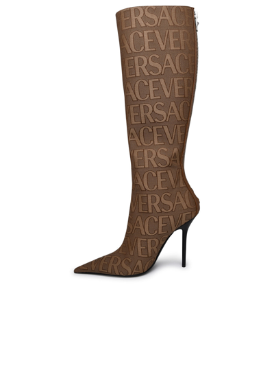 Shop Versace Woman  Beige Cotton Blend Boots In Brown