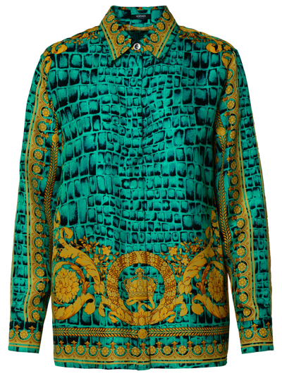 Shop Versace Woman  'baroccodile' Multicolored Silk Shirt In Green