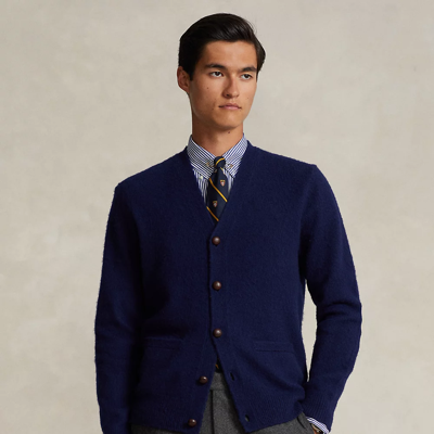 Shop Ralph Lauren Suede-patch Wool-cashmere Cardigan In Bright Navy