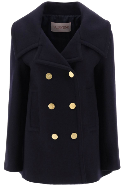 Shop Valentino Diagonal Double Wool Double Breasted Peacoat In Blue