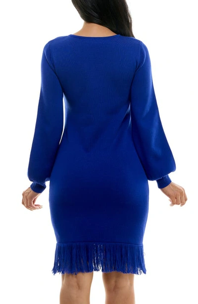 Shop Nina Leonard Balloon Sleeve Fringe Hem Sweater Dress In Deep Sapphire