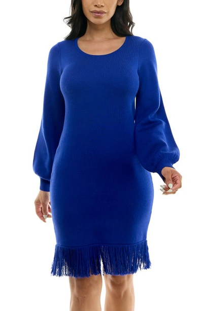 Nina Leonard Balloon Sleeve Fringe Hem Sweater Dress In Deep Sapphire