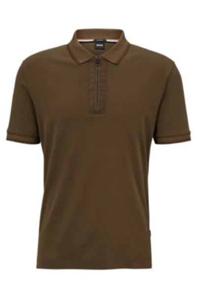 Shop Hugo Boss Mercerized-cotton Polo Shirt With Zip Placket In Light Green
