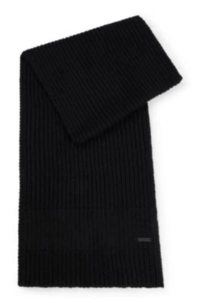 Shop Hugo Boss Knitted Scarf With Faux-leather Logo Plaque In Black