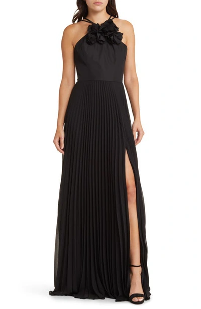 Shop Marchesa Notte Flower Detail Pleated Gown In Black