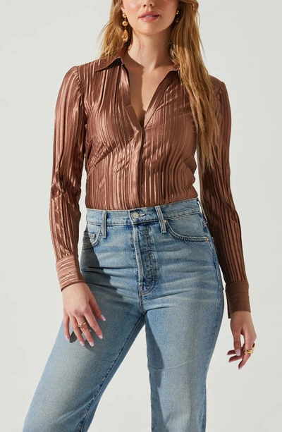 Shop Astr Laurel Pleated Button-up Shirt In Brown